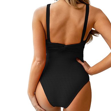 Women's CUPSHE Black Ribbed & Ruched One Piece Swimsuit