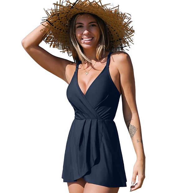 Women s CUPSHE Navy V Neck Ruffled Swim Dress