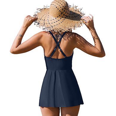 Women's Cupshe Navy V-Neck Ruffled Swim Dress