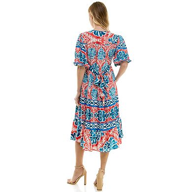 Women's Figueroa & Flower Printed V-Neck Puff Sleeve Midi Dress