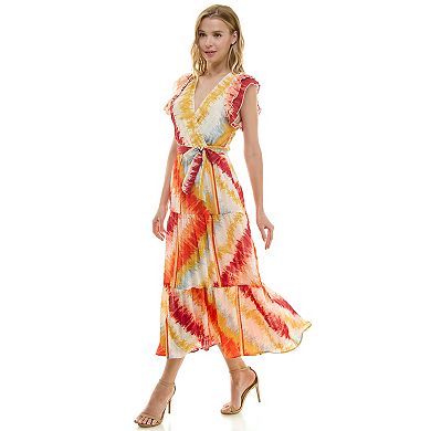 Women's Figueroa & Flower V-Neck Flutter Sleeve Belted Maxi Dress