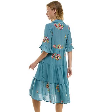 Women's Figueroa & Flower Flutter Sleeve Embroidered Midi Dress