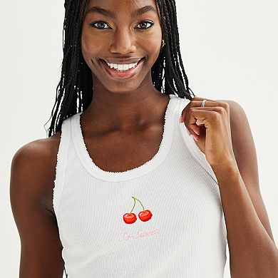 Juniors' Harper & Ivy Lace Trimmed Double Cherry Graphic Tank Top