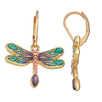 Napier Gold Tone Multi Color Summers Dream Dragonfly Drop Earrings