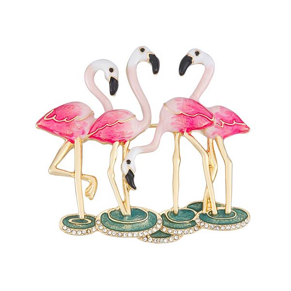 Napier Gold Tone Enamel Flamingos Pin