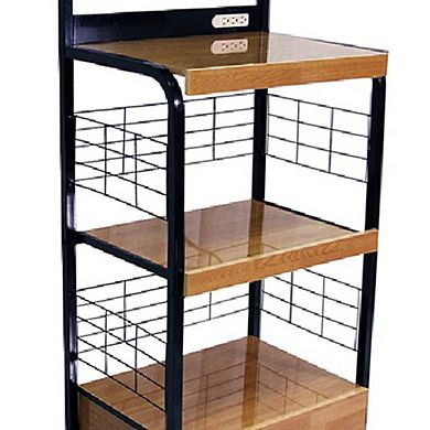 Wood and Metal Frame Microwave Cart with Power Outlet, Black and Brown