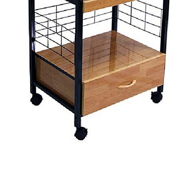 Wood and Metal Frame Microwave Cart with Power Outlet, Black and Brown