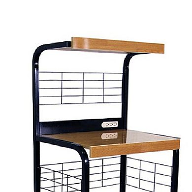 Wood and Metal Frame Microwave Cart with Power Outlet, Black and Brown