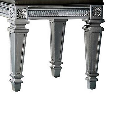 Wooden Vanity Stool wit Leatherette Seat and Faux Crystal Accents, Gray