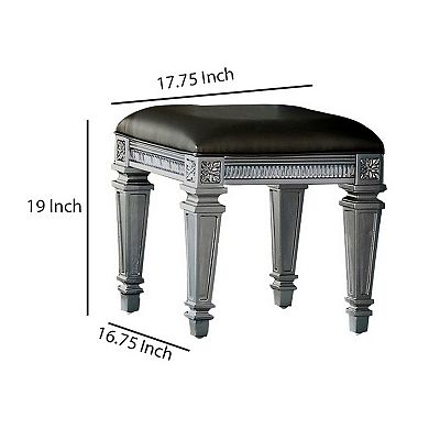 Wooden Vanity Stool wit Leatherette Seat and Faux Crystal Accents, Gray
