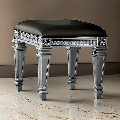 Wooden Vanity Stool wit Leatherette Seat and Faux Crystal Accents, Gray