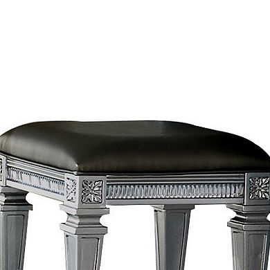 Wooden Vanity Stool wit Leatherette Seat and Faux Crystal Accents, Gray