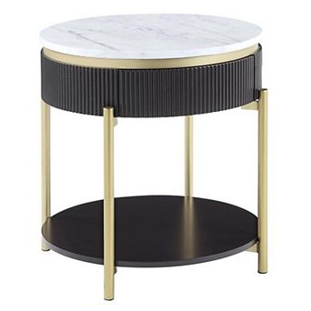 Ville 23 Inch Round Side End Table, White Faux Marble Top Brown Reeded Edge