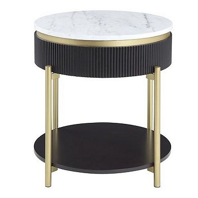 Ville 23 Inch Round Side End Table, White Faux Marble Top Brown Reeded Edge