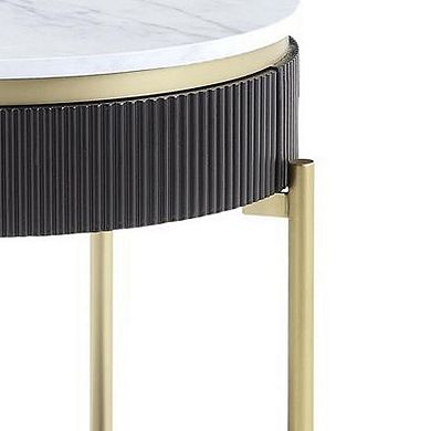 Ville 23 Inch Round Side End Table, White Faux Marble Top Brown Reeded Edge