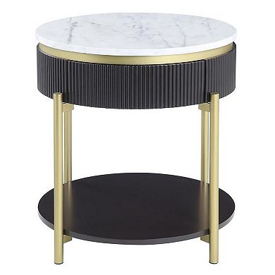 Ville 23 Inch Round Side End Table, White Faux Marble Top Brown Reeded Edge