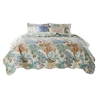 Wade 5 pc Full Quilt Set, Ocean Design, Scalloped Edges, Floral Pattern