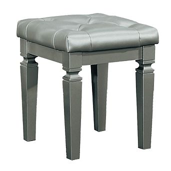 Wooden Vanity Stool With Faux Leather Tufted Seat, Gray