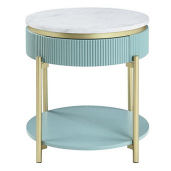 Ville 23 Inch Round Side End Table, White Faux Marble Top, Teal Reeded Edge