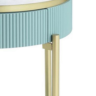 Ville 23 Inch Round Side End Table, White Faux Marble Top, Teal Reeded Edge