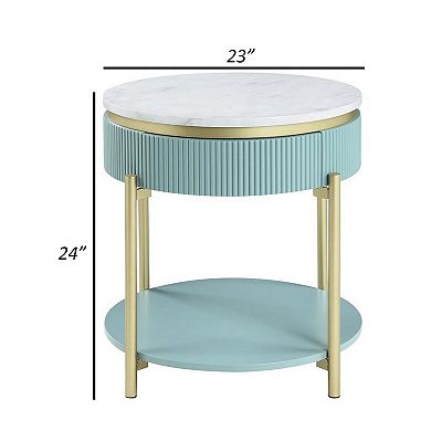 Ville 23 Inch Round Side End Table, White Faux Marble Top, Teal Reeded Edge