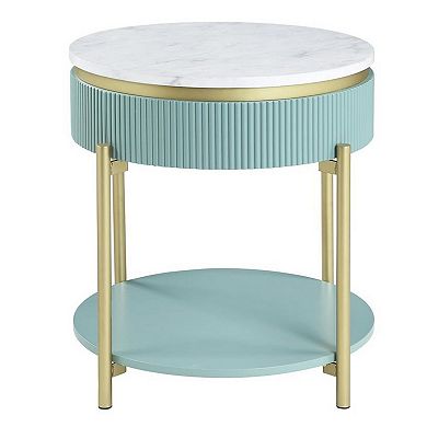 Ville 23 Inch Round Side End Table, White Faux Marble Top, Teal Reeded Edge