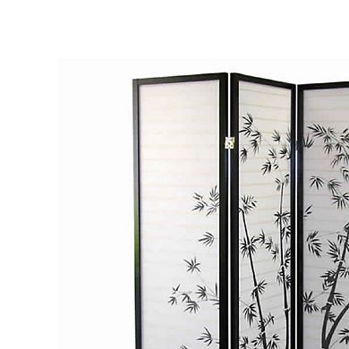 Wood and Paper 4 Panel Room Divider with Bamboo Print, White and Black
