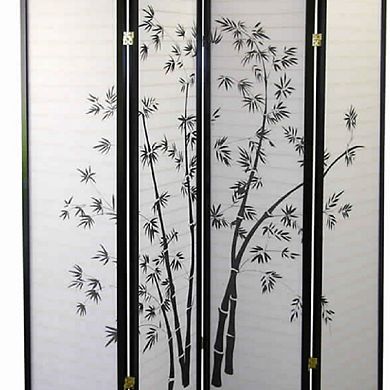 Wood and Paper 4 Panel Room Divider with Bamboo Print, White and Black