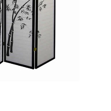 Wood and Paper 4 Panel Room Divider with Bamboo Print, White and Black