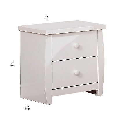Wooden Nightstand with 2 Drawers and Curved Sides, White