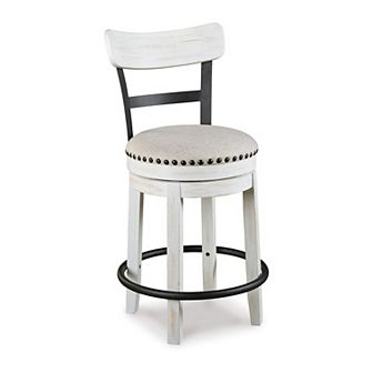 Zane Swivel 24.5 Inch Counter Stool Chair, Nailhead Trim, Curved Back, Distressed White and Black