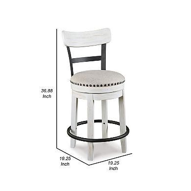 Zane Swivel 24.5 Inch Counter Stool Chair, Nailhead Trim, Curved Back, Distressed White and Black
