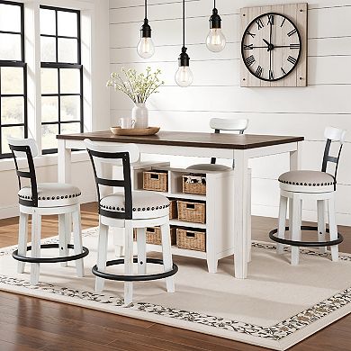 Zane Swivel 24.5 Inch Counter Stool Chair, Nailhead Trim, Curved Back, Distressed White and Black