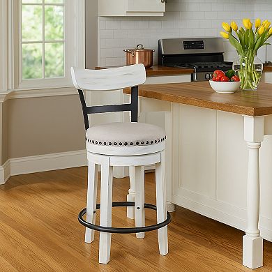 Zane Swivel 24.5 Inch Counter Stool Chair, Nailhead Trim, Curved Back, Distressed White and Black