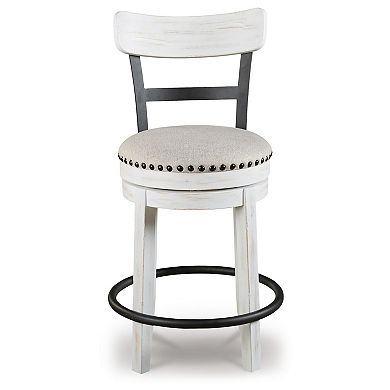 Zane Swivel 24.5 Inch Counter Stool Chair, Nailhead Trim, Curved Back, Distressed White and Black