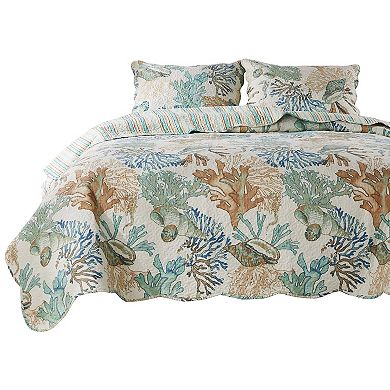 Wade 5 Piece King Quilt Set, Ocean Design, Scalloped Edges, Floral Pattern