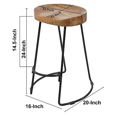 24 Inch Natural Brown Handcrafted Backless Barstool, Mango Wood Thick Saddle Seat, Black Iron Base