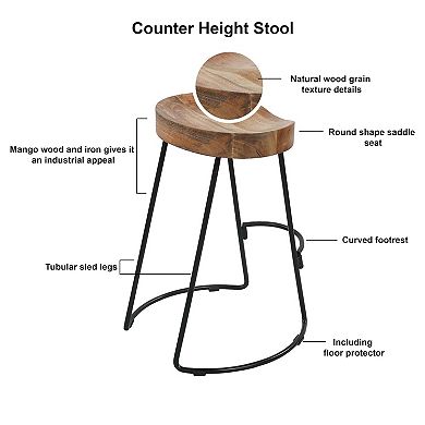 24 Inch Natural Brown Handcrafted Backless Barstool, Mango Wood Thick Saddle Seat, Black Iron Base