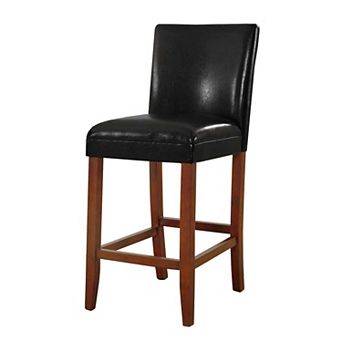 Wooden 29 Inch Bar Stool with Faux Leather Padded Seat and Tapered Feet, Black and Brown