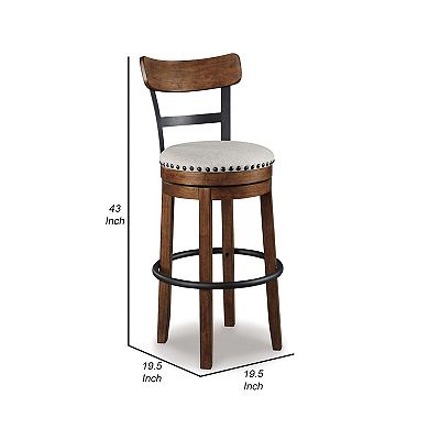 Zane 30 Inch Swivel Barstool, Round Cushioned Seat, Rich Brown Wood Frame