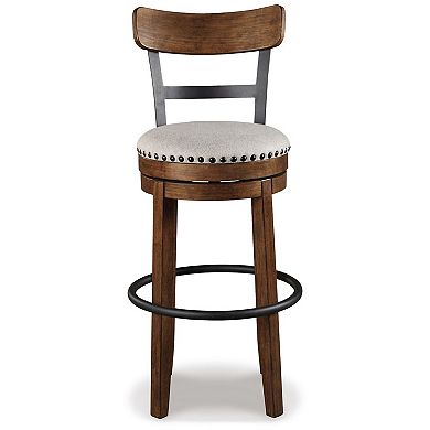Zane 30 Inch Swivel Barstool, Round Cushioned Seat, Rich Brown Wood Frame