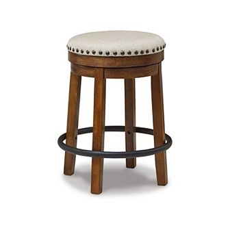 Zane 24 Inch Backless Swivel Counter Stool, Round Beige Seat, Brown Wood