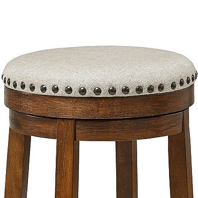 Zane 24 Inch Backless Swivel Counter Stool, Round Beige Seat, Brown Wood