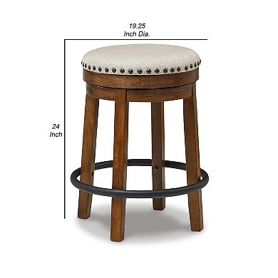 Zane 24 Inch Backless Swivel Counter Stool, Round Beige Seat, Brown Wood
