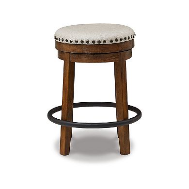 Zane 24 Inch Backless Swivel Counter Stool, Round Beige Seat, Brown Wood