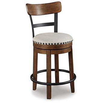 Zane 25 Inch Swivel Counter Height Stool, Round Cushioned Seat, Brown Wood