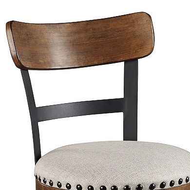 Zane 25 Inch Swivel Counter Height Stool, Round Cushioned Seat, Brown Wood