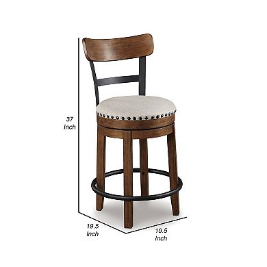 Zane 25 Inch Swivel Counter Height Stool, Round Cushioned Seat, Brown Wood