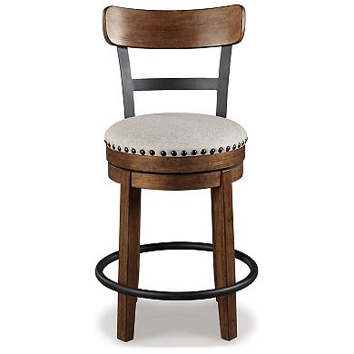 Zane 25 Inch Swivel Counter Height Stool, Round Cushioned Seat, Brown Wood