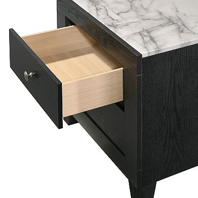 Yoh 23 Inch 2 Drawer Nightstand, White Marble Top, Metal Knobs, Black